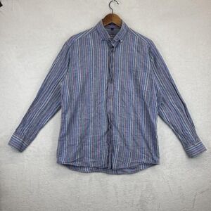 Alan Flusser Shirt Mens Medium Blue Multicolor Stripe‎ Linen Cotton Button Up